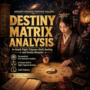 May include: A digital graphic featuring the text Destiny Matrix Analysis, Ancient Chinese Fortune Telling, and In-Depth Eight Trigrams (BaZi) Reading. A person in traditional attire uses a brush on a circular wooden board with a yin-yang symbol.