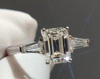 Side Tapper Baguette Cut Moissanite Ring, Emerald Cut Wedding Ring, Three Stone Emerald Cut Engagement Ring, and Emerald Cut Ring