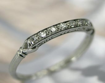 Art-Deco-Diamant-Ehering Weißgold, antiker Stil Milgrain Halber Eternity-Ring, 14 k Massivgold stapelbar Brautring, minimalistischer Ring