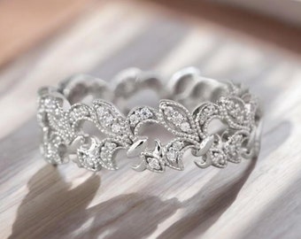 Diamond Floral Vine Wedding Band White Gold, Nature Inspired Leaf Eternity Ring, 14k Solid Gold Botanical Stacking Band, Twig Ring for Her