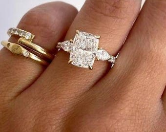 Handmade Jewelry; Invisible Halo Pave Wedding Ring; Radiant Cut Lab Diamond; Hidden Halo Engagement Ring; Pear Cut Accent