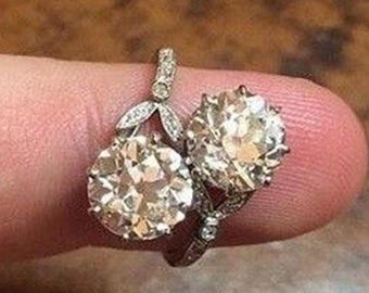 Double Old European Cut Moissanite Diamond Ring, Bypass Shank Toi Et Moi Ring, Vintage Inspired Two Stone Ring, Mid-Century Ring For Women's