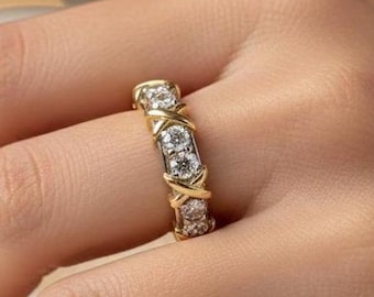 Two Tone Gold Moissanite Eternity Band, 14k Solid Yellow White Gold Wedding Ring