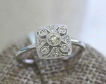Art-Deco-Kissen CZ Diamant Ring, 14k Weißgold Filigrane Verlobung