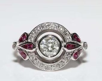 Antique Ruby Retro Style Ring, Round With Pink Baguette Cut CZ Stone Wedding Ring, Art Deco Engagement Ring, Bezel Set Halo Promise Ring