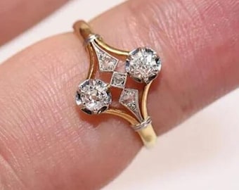 Two Tone Gold Retro Ring, Old Mine Cut CZ Stone Vintage Inspire Ring, Antique Engagement Ring, Wedding Anniversary Gift Ring, Birthday Gift