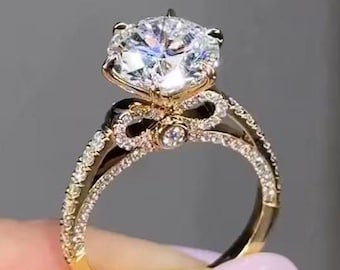 2ct Round Brilliant Moissanite Engagement Ring 14k Yellow Gold, Hidden Halo Pave Diamond Wedding Ring, Solitaire Ring, Round Cut Bridal Ring