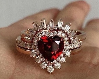 Ruby diamond engagement ring in the shape of a heart, three-ring set, halo diamond ring, curved wedding band, and 14K solid gold ring set