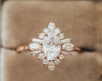 Oval Moissanite Sunburst Engagement Ring, Rose Gold Vintage Art Deco Halo Cluster Ring