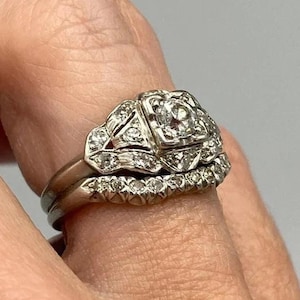 1890s Vintage 2.00 Ct Art DecoSet In 925 Argentium Silver Estate Ring Set Round Cut Diamond Wedding Engagement Ring Antique Bridal Set.