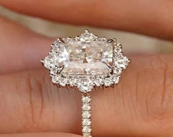 Radiant Cut Moissanite Engagement Ring: White Gold Starburst Halo, Pave Band, Hidden Initial Detail