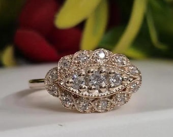 Vintage Marquise Shape Cluster Ring Rose Gold Moissanite Antique Style Scalloped Milgrain Ring