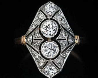 Antique Two Stone Ring, Old European Cut Moissanite Diamond Ring, Two Tone Edwardian Wedding Ring, Milgrain Bezel Set Vintage Style Ring