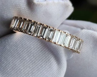 Channel Set Baguette, Half-Eternity Diamond Ring for Women, Vertical Baguette Cut Wedding Band, and 18K Gold Vertical Baguette Wedding Ring