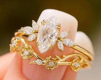 Marquise Moissanite Engagement Ring Set: Yellow Gold Vine Wedding Band, Rose Flower Bridal Set