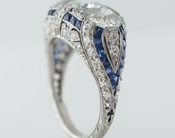 Art Deco White Gold Engagement Ring, Round Center Stone, Sapphire Accents, Filigree Detailing