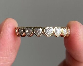 Heart Shape Moissanite Bezel Set Fulll Eternity Wedding Band, Stack-able Band, Solid Gold Band Ring Anniversary Band, Ring For Women.