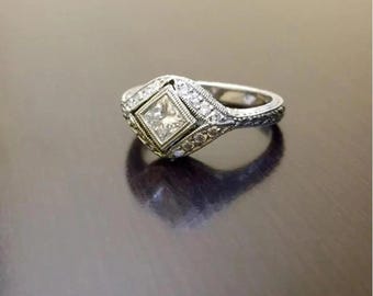 Edwardian Princess Cut Diamond Ring, Bezal Set Diamond Ring, Vintage Ring, Art Deco Ring, Estate Ring, Wedding Anniversary Present, Gifts