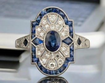 Antique Milgraine Set Ring, Vintage Art Deco Ring, Sapphir Oval With Baguette Cut Diamond Ring, Victorian Party Wear Ring, Estate Ring, Gift