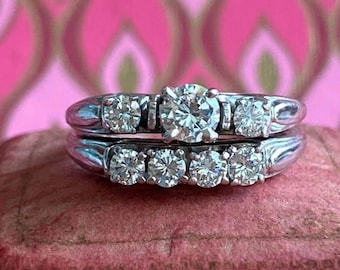 Three Stone Moissanite Wedding Ring Set, White Gold Mid Century Style Bridal Engagement Band