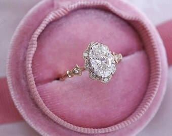 Art Deco Toi et Moi Ring, Blue Sapphire Halo, Oval Moissanite Engagement Ring