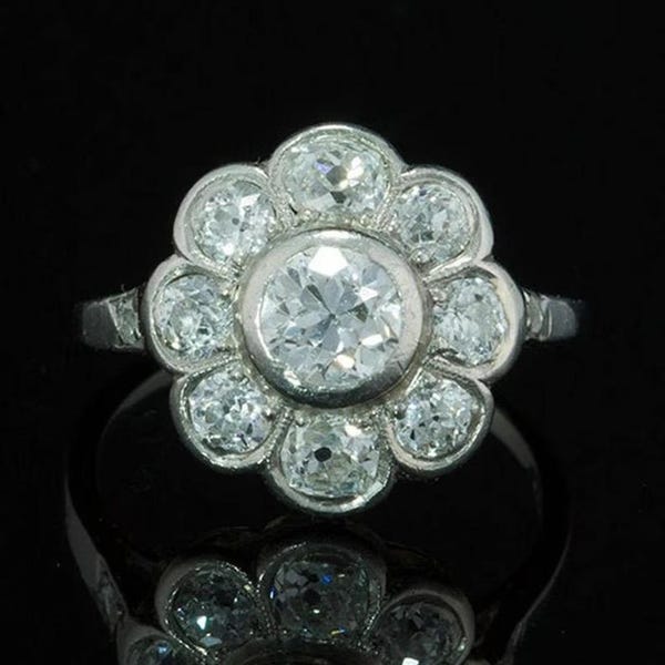 Vintage Art Deco Flower Cluster Engagement Ring, Round Cut Moissanite Floral Halo Wedding Ring,