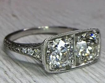 Art Deco Two Stone Moissanite Engagement Ring, Filigree Milgrain Wedding Band