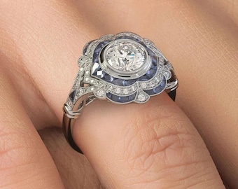 Art Deco Blue Sapphire Target Ring, Vintage Style White Gold Engagement Ring