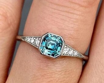 Minimalist Engagement Ring, Aquamarine Asscher Cut CZ Stone Delicate Ring, Milgrain Bezel Set Gemstone Ring, Seven Stone Ring, Birthday Gift