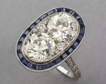 Art Deco Toi et Moi Ring Sapphire Halo Old European Cut Moissanite White Gold Engagement Ring