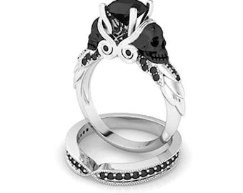 Black round moissanite diamond skull engagement wedding ring in 925 silver, 1.85 carats, two tone, and two skull face design rings for women