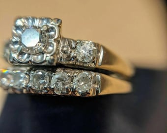 Vintage Style Gold and White Metal Engagement Ring Set – Round Cut White Stones