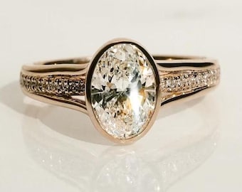 14K solid gold ring, split shank ring, full bezel diamond ring, 2CT vintage style oval cut solitaire with accent moissanite engagement ring