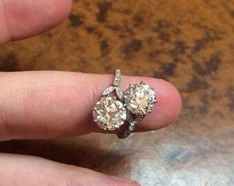 Old European Cut Toi et Moi Ring, White Gold Bypass Moissanite Engagement Ring