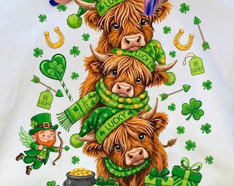 St. Patrick's Day Highland Cow PNG, Lucky Shamrock Sublimation Design