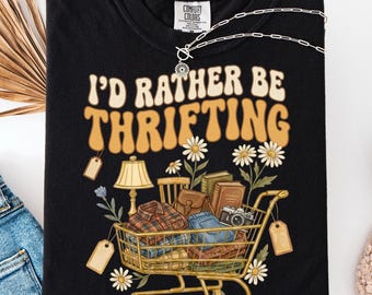 I’d Rather Be Thrifting PNG, thrift aesthetic shirt design, blue and gold vintage decor cart, retro thrifting graphic