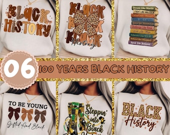 Op de afbeelding: Een verzameling crèmekleurige sweatshirts met verschillende ontwerpen met het thema Black History. De ontwerpen bevatten tekst en afbeeldingen zoals een luipaardstrik, stapels boeken en de tekst "Black History" in verschillende lettertypen. Het nummer "06" staat in een cirkelvormige badge.