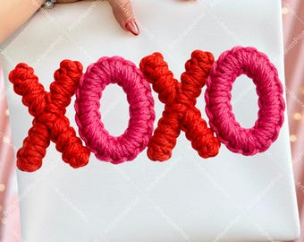 Faux Yarn Crochet Xoxo Valentines Day PNG | Latch Hook Yarn Heart Sublimation Designs | Coquette Retro Valentine Shirt PNG Download
