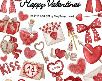May include: A digital watercolor clipart set featuring Valentine's Day elements including red bows, hearts, a gift box, a potion bottle, an envelope with hearts, a rose, a heart-shaped padlock, a key, the text "Kiss" and "Love", and a calendar.