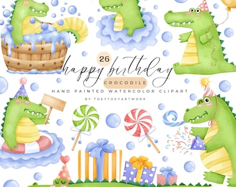 Aquarel krokodil clipart, verjaardagsfeestje, png (commercieel gebruik)