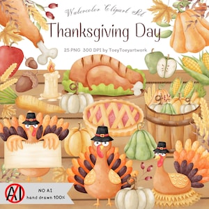 Watercolor Thanksgiving Day Clipart,Thanksgiving,Instant,Download,Fall,Autumn,Thanksgiving,Turkey,Leaves,Pumpkin, wheat,Apple,Commercial Use