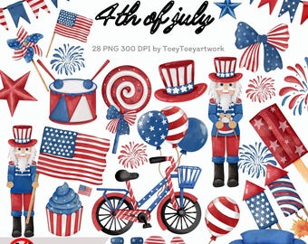Watercolor 4th of July Clipart, American Graphics (PNG)