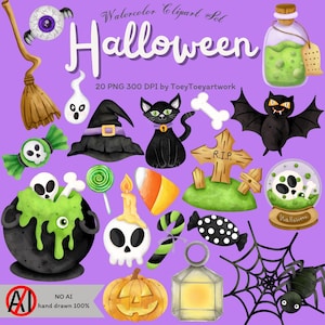 Watercolor Halloween Clipart - Halloween - Cute Halloween Clipart - Halloween PNG - Fall Clipart - cute ghost clipart- witch -Commercial Use