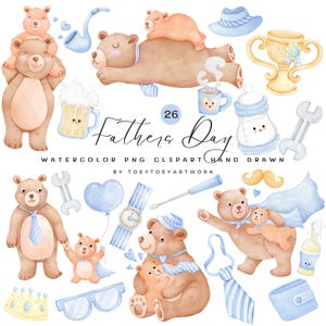 Clipart de aquarela para o dia dos pais, Clipart de dia dos pais, Clipart de bebê urso, Arte de pai e filho, PNG de papai, Uso comercial, Download instantâneo