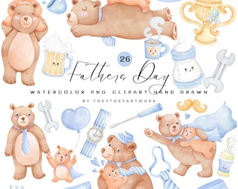 Watercolor Father's Day Bear Clipart, Daddy & Baby PNG (Commercial Use)