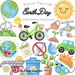 Clipart acquerello del giorno della Terra, Clipart del giorno della Terra, Giorno della Terra, Clipart ambientale, eco, disegnato a mano, Clip Art di riciclaggio, Salva il mondo, Uso commerciale