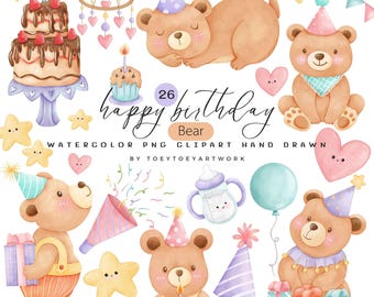 Puede incluir: Conjunto de imágenes prediseñadas de acuarela con osos de cumpleaños, pasteles, regalos, estrellas, corazones y sombreros de fiesta. El texto "happy birthday" está escrito en cursiva. El conjunto incluye un biberón y un globo. El estilo es dibujado a mano.