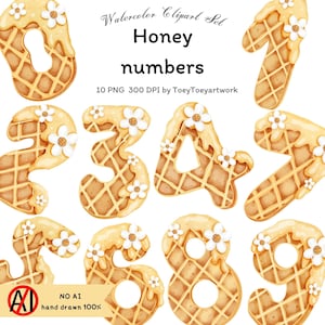 Aquarel honing nummers clipart, nummer clipart, honing nummers, zoete nummers clipart, nummers voor kinderen verjaardag 0-9, hand getrokken, commercieel gebruik