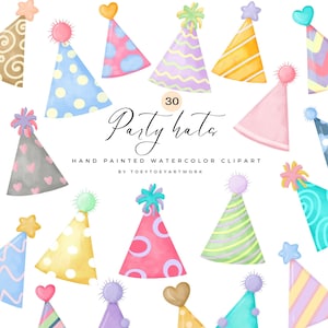 Chapéus de festa aquarela Clipart, Chapéus de festa, Chapéus de aniversário clipart, Aniversário colorido, Arco-íris clipart, Chá de bebê Clipart, Infantil, Uso comercial