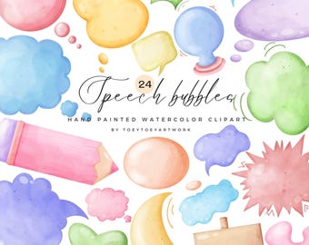 Watercolor Speech Bubbles Clipart, Hand Painted (Commercial Use)